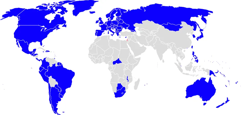 イスラエルへの入国についてビザが免除になる国の世界地図